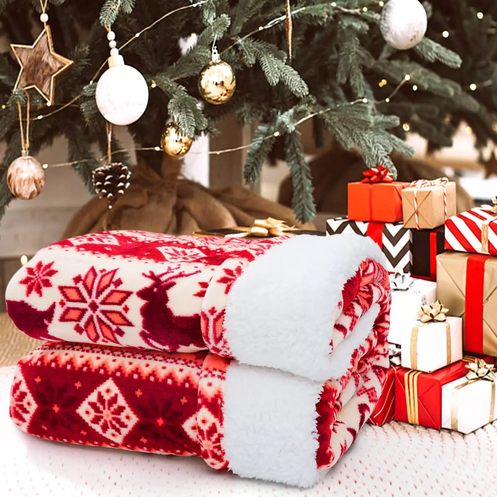 Різдвяно-новорічна подарункова ковдра М’яка ковдра з флісу шерпа з принтом1