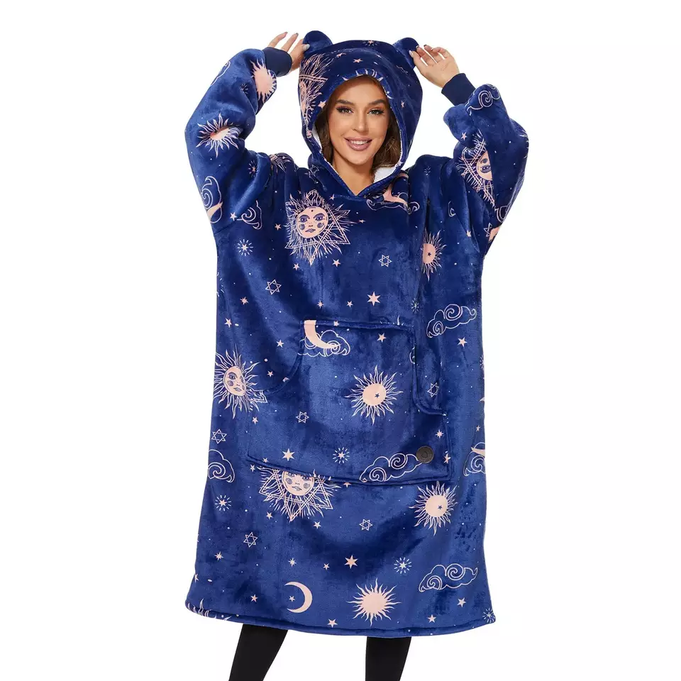 ʻO ka nani ʻo Galaxy Blue Custom Sherpa Fleece Pattern Hooded Blanket Sweatshirt No nā mākua2