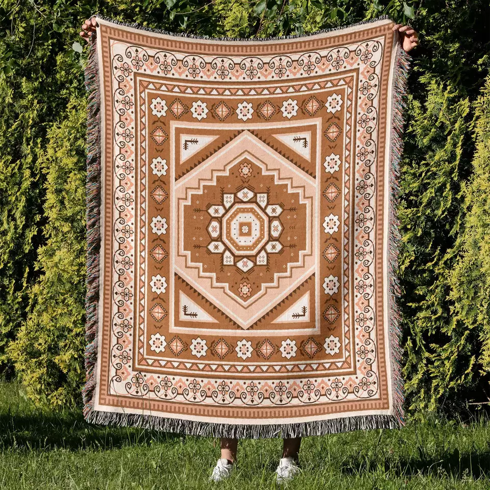 Плетена ковдра для пікніка в богемному стилі з китицями11