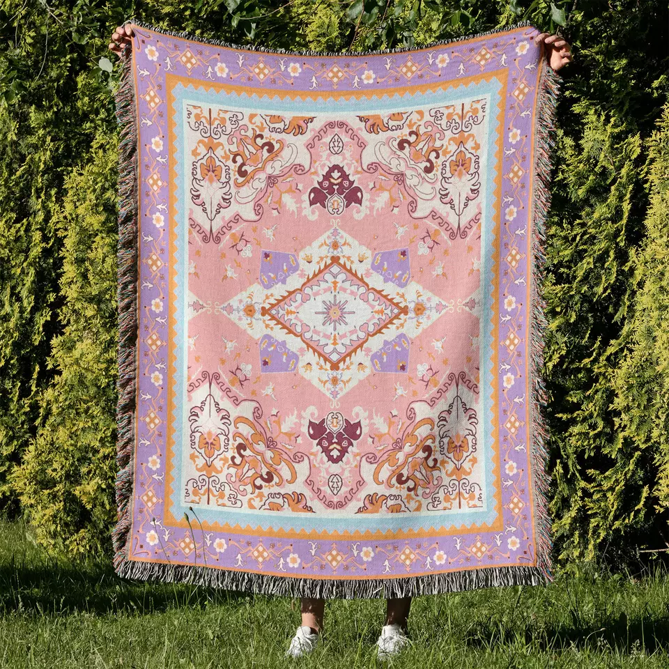 Плетена ковдра для пікніка в богемному стилі з китицями для відпочинку на природі13