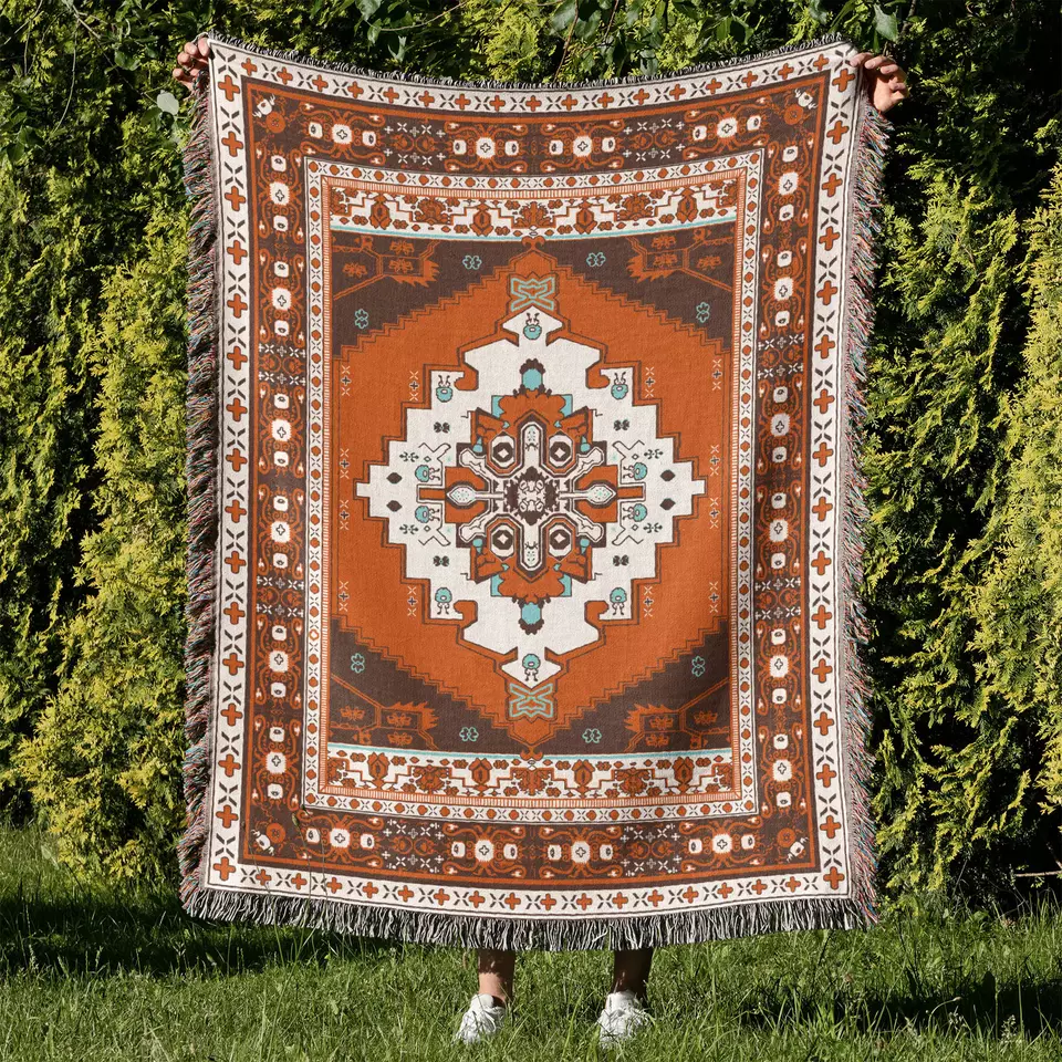 Плетена ковдра для пікніка в богемному стилі з китицями9