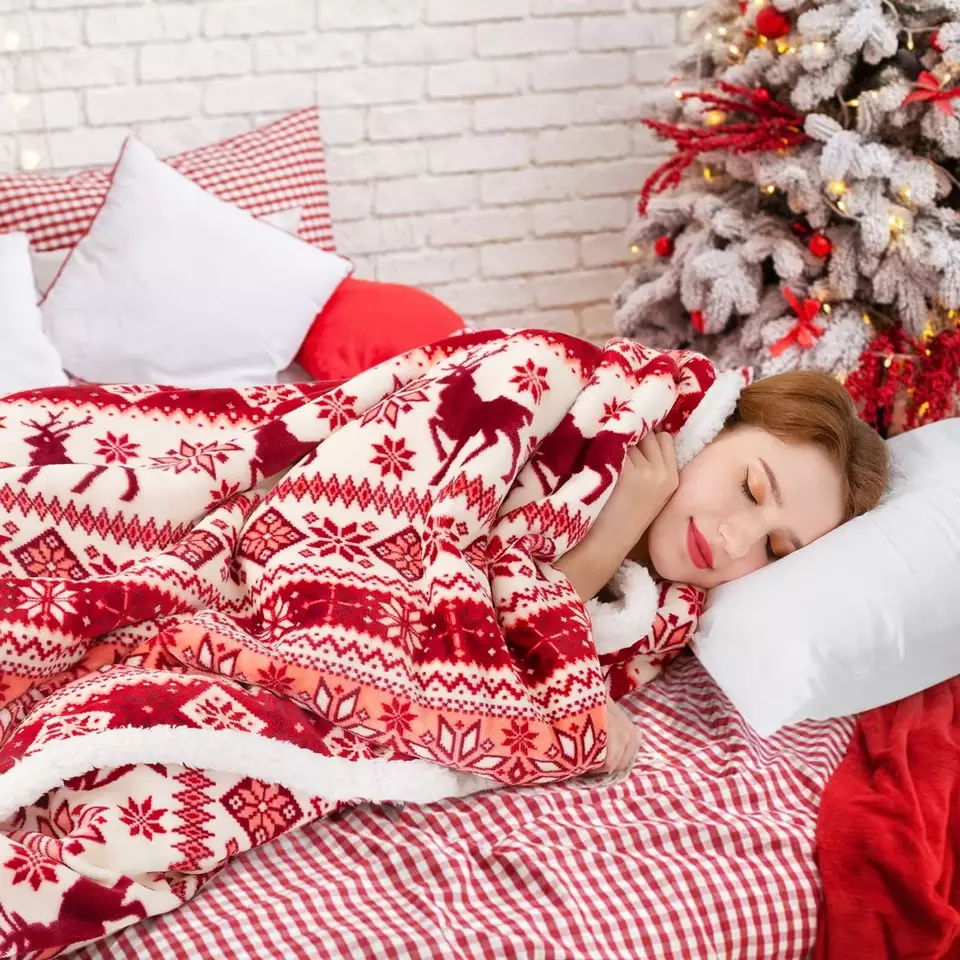 Didmeninė Kalėdų Naujųjų Metų dovanų antklodė Minkšta spaudinėta šerpos vilnos antklodė3