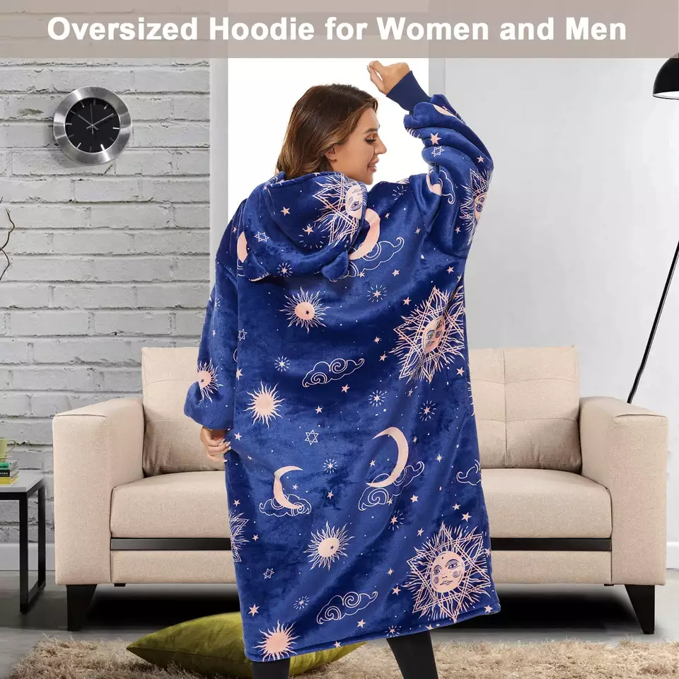 Luxury Galaxy Blue Custom Sherpa Fleece Pattern Hooded Blanket Sweatshirt For Adult3