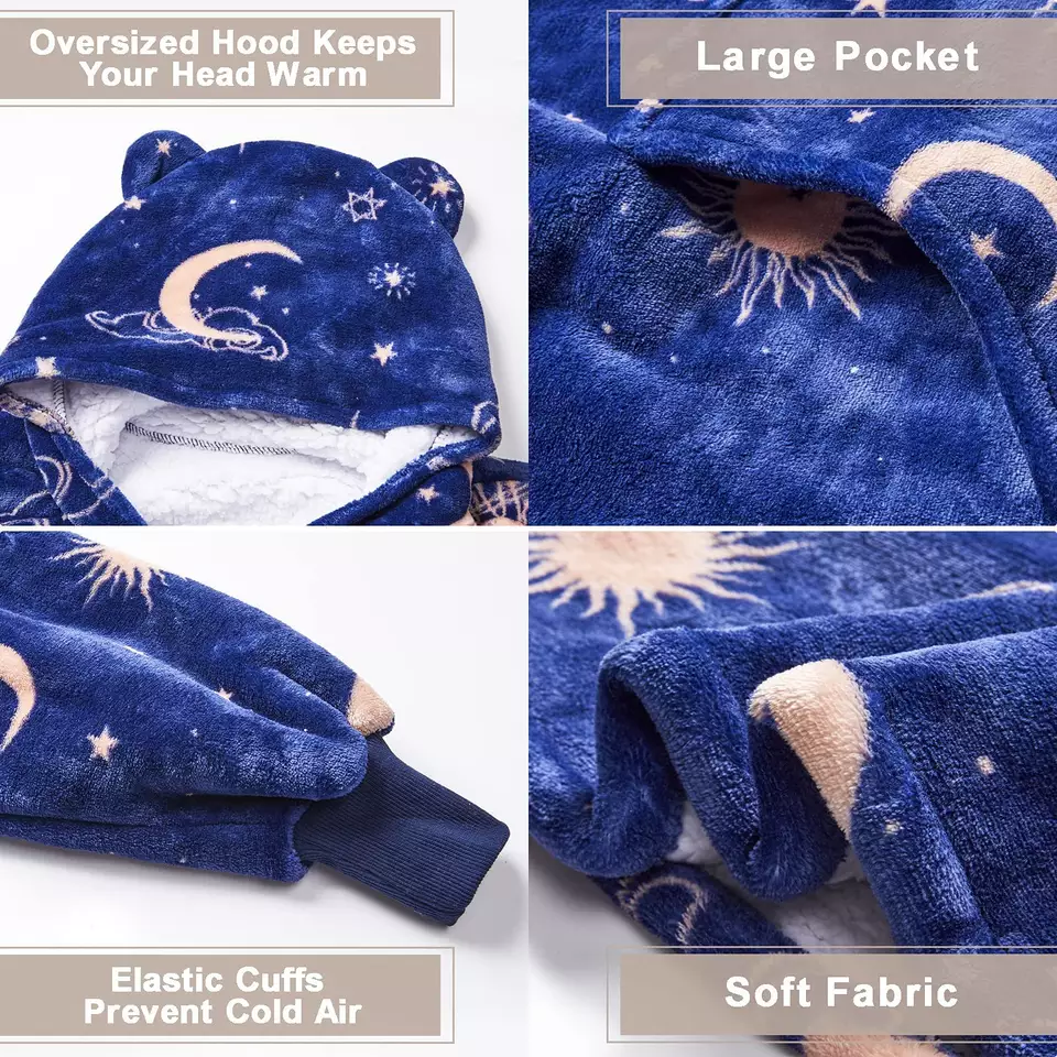 Luxury Galaxy Blue Custom Sherpa Fleece Pattern Hooded Blanket Sweatshirt For Adult4