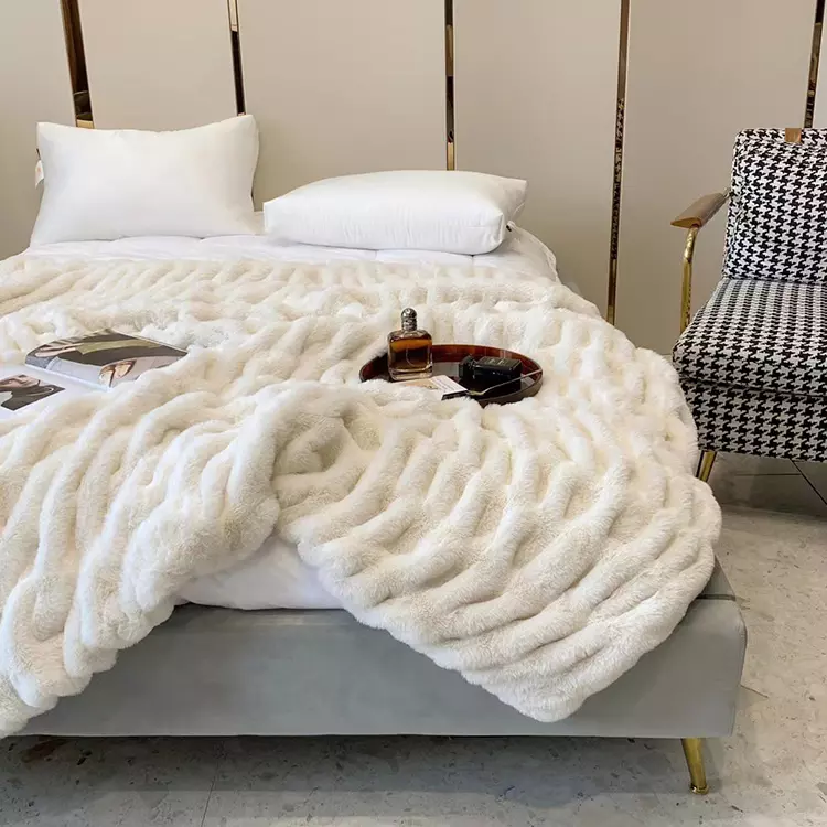 Warm Embossed Luxury Rabbit Faux Fur Throw Blanket3