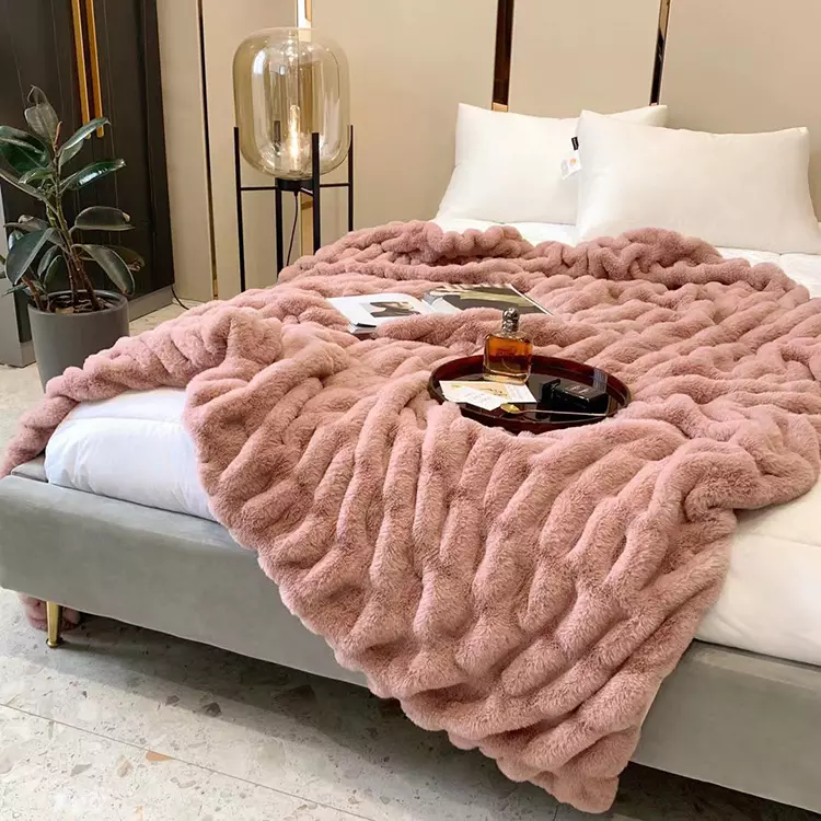 Warm Embossed Luxury Rabbit Faux Fur Throw Blanket7